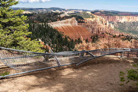 布莱斯峡谷公园游客俯瞰的破栅栏隐患不坠落背景图片