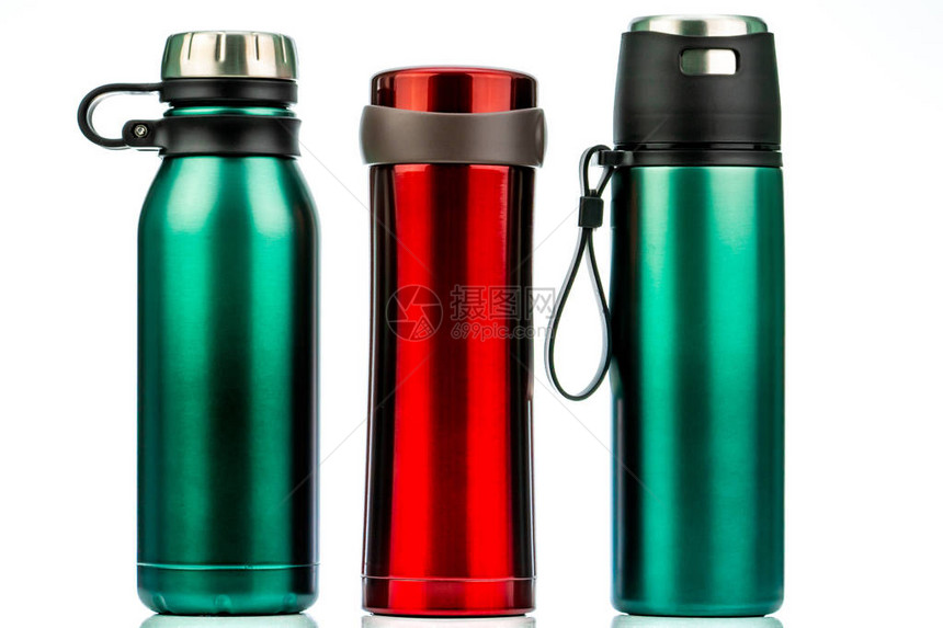 孤立在白色背景上的保温瓶咖啡或茶可重复使用的瓶容器Thermos旅行杯绝缘饮料容器红色和绿色不锈钢热图片