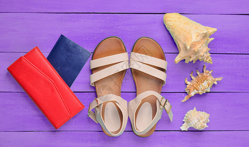 时尚女式凉鞋护照红色钱包紫罗兰色木地板上的贝壳出海旅游的图片