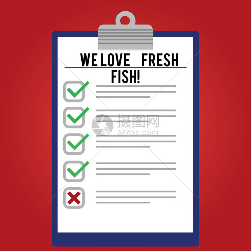 手写文字我们喜欢新鲜的鱼概念意义海鲜爱好者健康食品海洋烹饪艺术内衬彩色垂直剪贴板与复选框照片图片