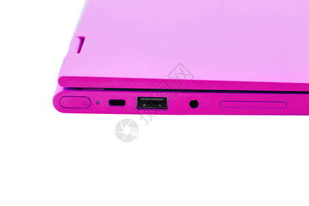 带有电按钮USB连接器耳机插头和音量按钮的现代粉红色笔记本图片