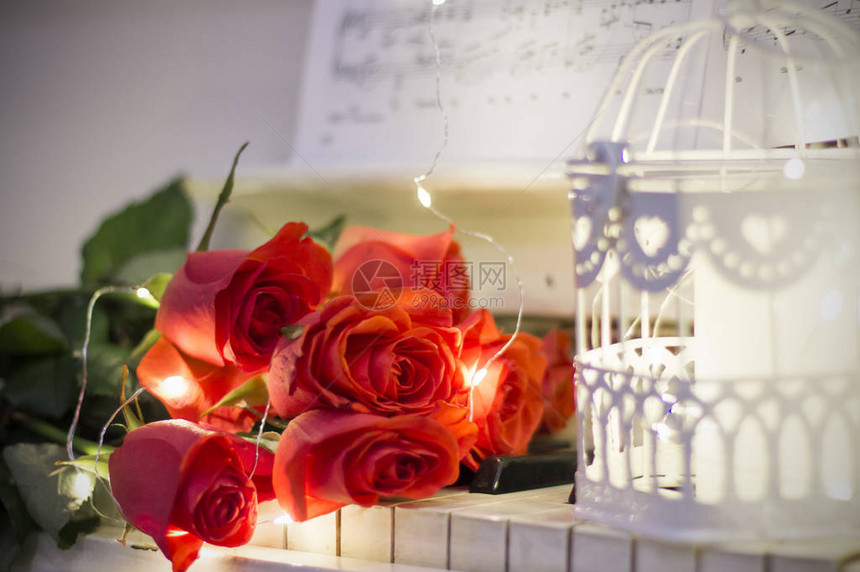 红玫瑰放在白钢琴上面有笔记花图片