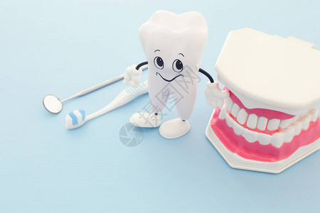 牙科护理工具用于诊所的牙医快乐健康的牙齿和塑料牙齿模型图片
