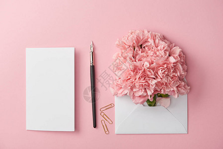 白色信封中的空白卡墨笔和粉红色花图片