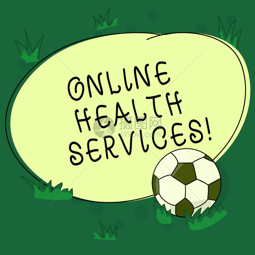 显示在线健康服务的文本符号概念照片由电子过程支持的医疗保健实践草地上的足球和空白图片