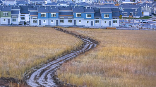 与通往房屋的未铺砌道路的草地图片