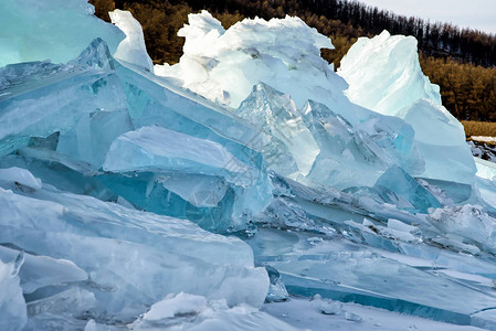 冬天带树木的冰冻湖中纯蓝图片
