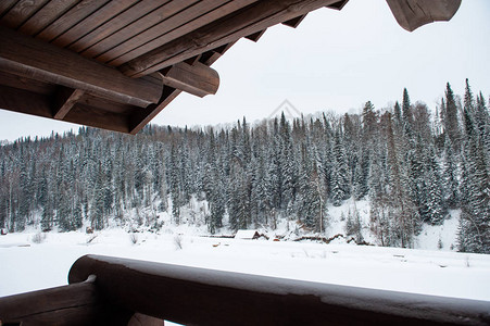 森林中的冬季房子清洁空气休息和放松与自然团结从门廊图片