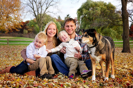 一个由母亲父亲他们的2个孩子和他们的德国牧羊犬组成的幸福家庭图片