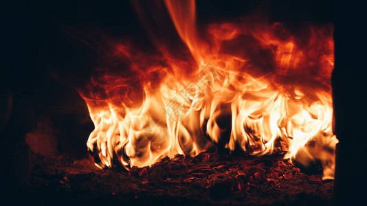 在壁炉燃烧的火焰中烧焦木头图片