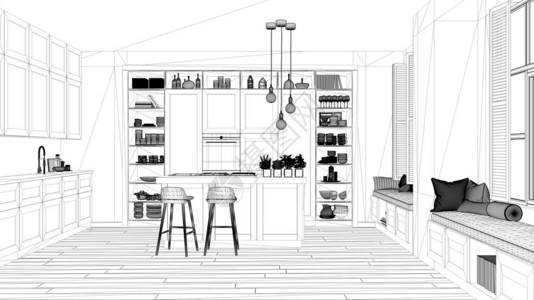 室内设计项目黑白墨水素描显示现代厨房的建筑蓝图在当代豪华公寓与镶木地图片