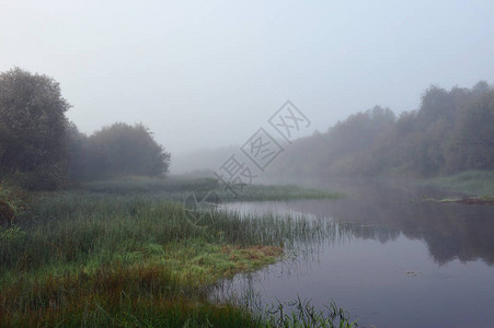 初秋的早晨浓雾笼罩着河面背景图片