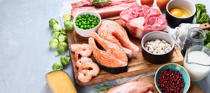 高蛋白质食品健康的饮食和饮食概念带有复图片