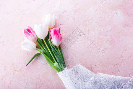 粉红石头背景的郁金香背景图片