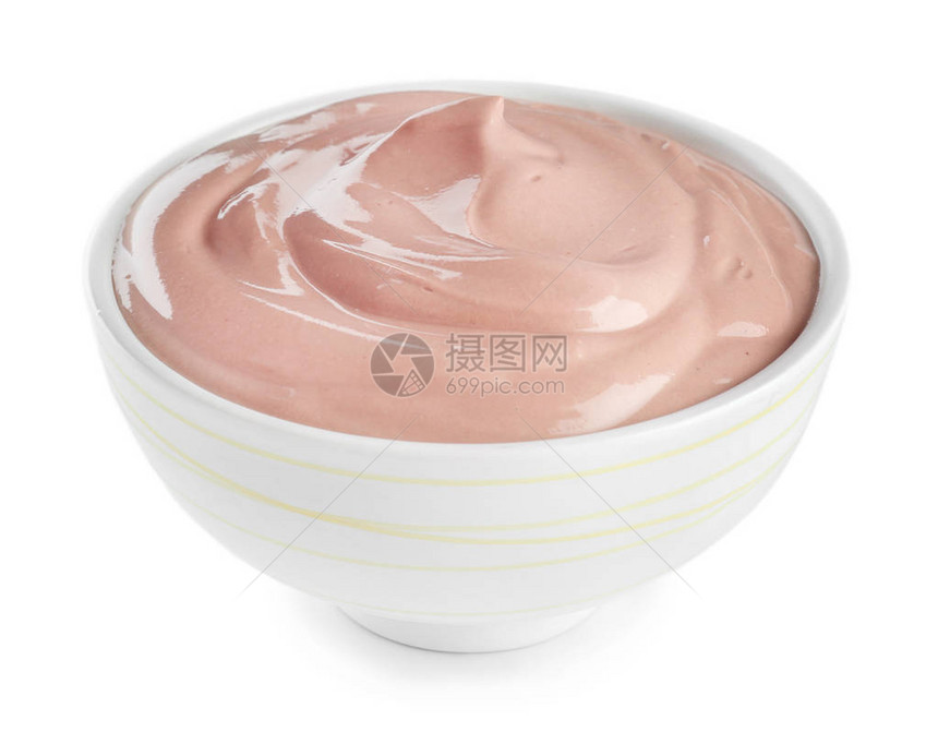 白色背景中带巧克力酸奶的碗图片