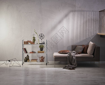 灰色石墙豪华客厅和带沙发的室内设计图片
