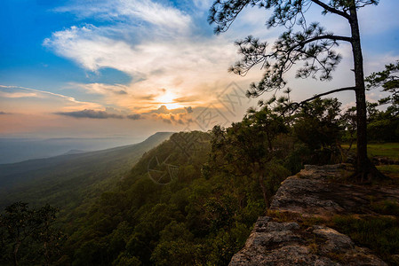 山顶丛林的黄蓝天空与悬崖热带森林的岩石图片