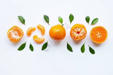 白色背景的橙子水果和绿图片