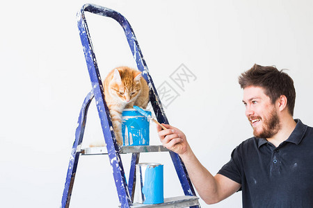 装修装修和家庭概念年轻有趣的男人和一只猫在图片