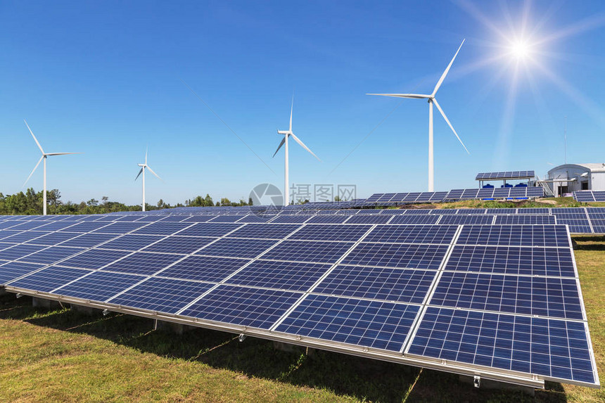 多晶硅太阳能电池板和风力涡轮机在混合发电厂系统中发电图片