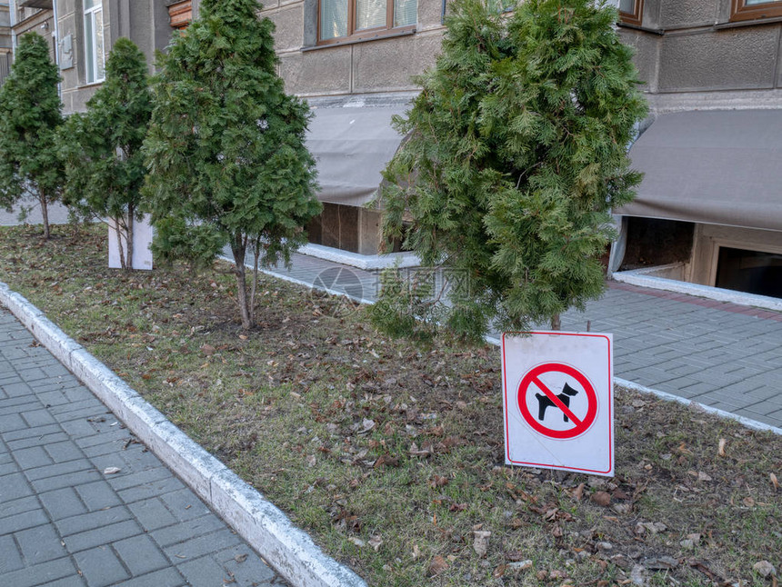 在有花坛和树木的人行道上禁止遛狗禁止标志图片