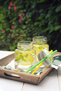 两杯纯净的凉水花园里柠檬和薄荷露图片