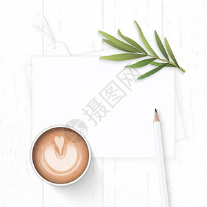 平坦的高雅的白成像纸松锥标注着咖啡青蛙叶和铅笔图片