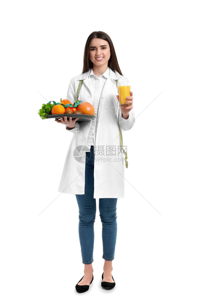 白色背景健康产品女营养学家的肖像图画白底妇图片