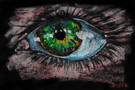 大绿眼睛油画棒黑色背景背景图片