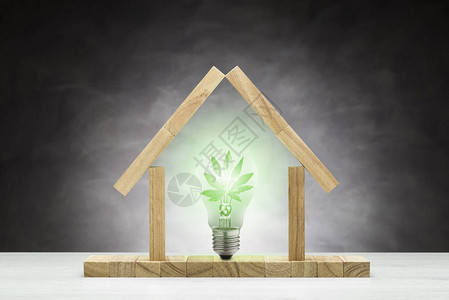 生态房屋的概念小木屋内的绿灯图片