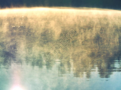 反映日出时森林的湖面表层摘要自然背图片
