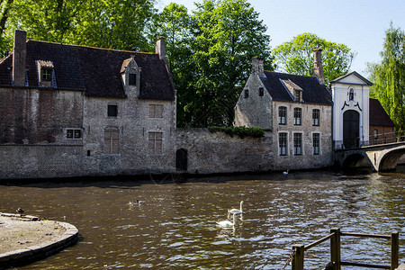 布鲁日比利时全景湖和中世纪图片