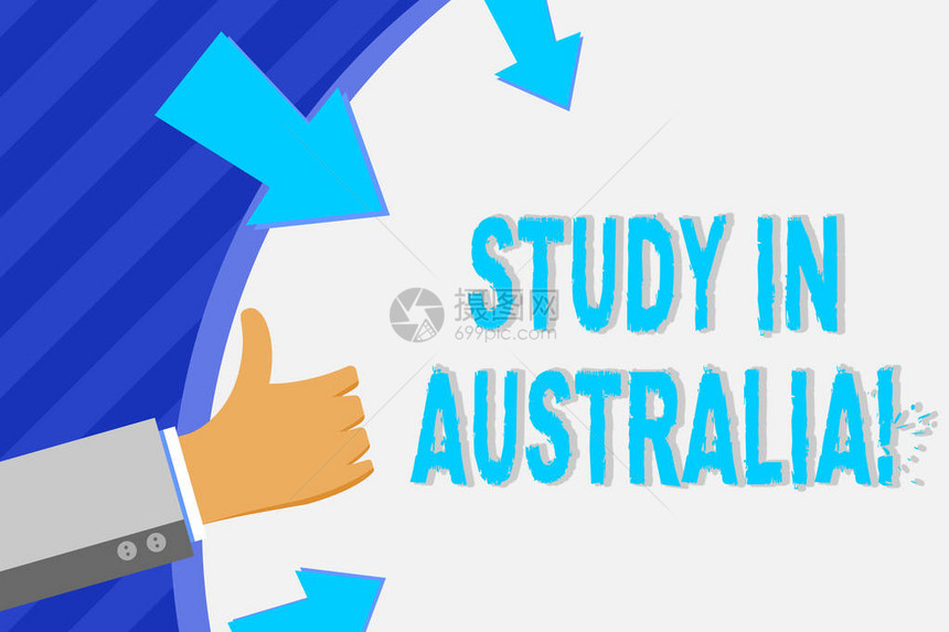 概念手写显示在澳大利亚学习概念意思是进入外国订单完成你的学业手势竖起大拇指图片