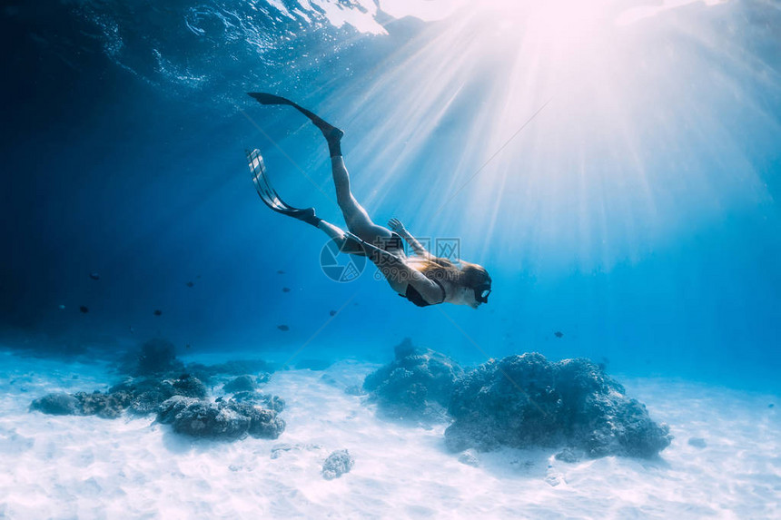 女子自由潜水员用脚蹼滑行在沙质的海面上蓝海中的自由潜图片