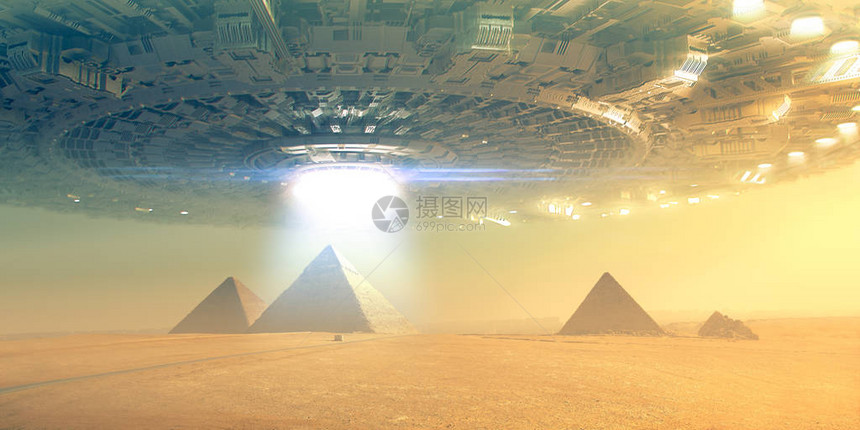埃及金字塔在大型外星太空飞船下图片