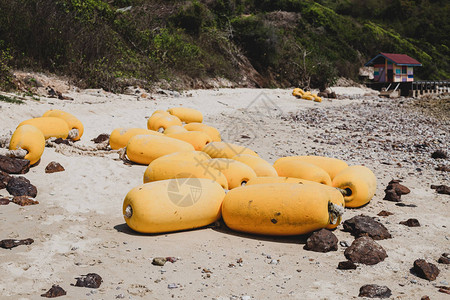沙滩上的黄色泡沫浮标图片