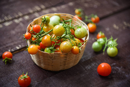 在深色木质背景的篮子中收获新鲜番茄绿色和成熟的红色番茄背景图片