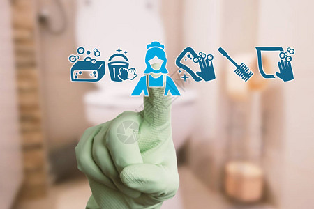 佩戴卫生手套作为家务和家务劳动概念的透明展示图片