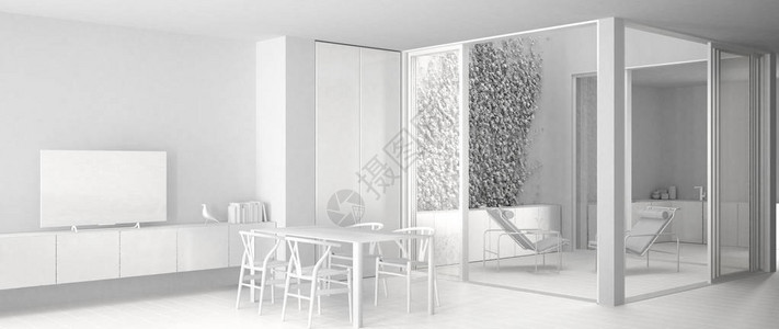 带餐桌的简约客厅的全白色项目图片