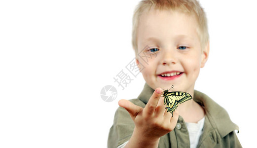 爱笑的孩子蝴蝶坐在一个孩子的手上有蝴蝶的孩子选择焦图片