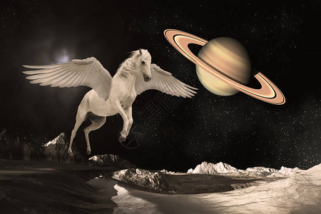 飞马翼的传奇白马在外太空或宇宙行图片