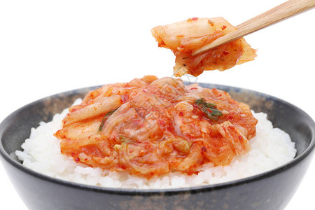 韩国食物煮熟的白米饭用泡菜图片