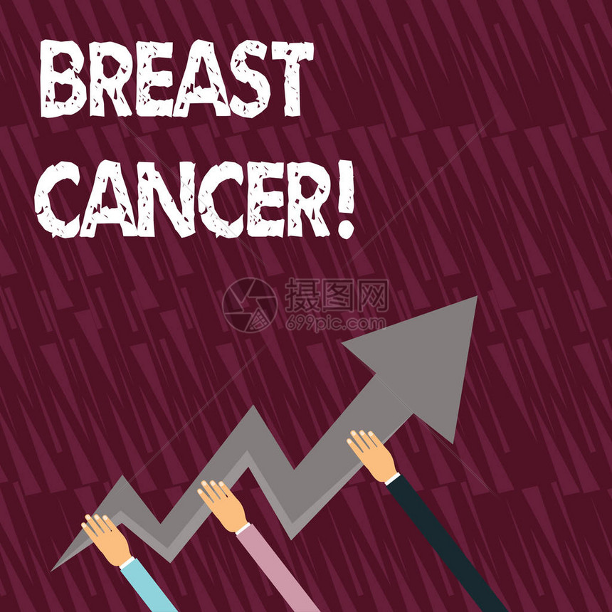 显示乳腺癌的文字符号商业照片展示了由乳房细胞产生的恶肿瘤三手拿着五颜六色的锯齿形闪电箭图片