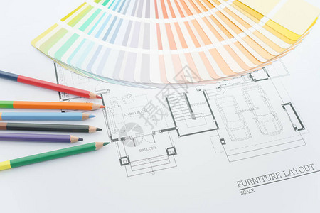 现代住宅建筑图纸上的颜色和材料样本图片