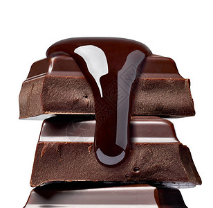 白色背景上巧克力块和巧克力糖浆图片