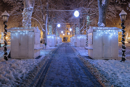 Zrinjevac公园在寒冷的冬季夜晚被雪覆盖图片