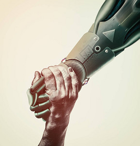 机器人的手拉着一个女人的手两只手放在救援位置上人工智能图片