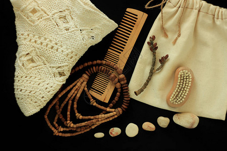 零浪费女装配饰天然身体刷木制发梳和珠子草帽可重复使用的纯棉手工包图片