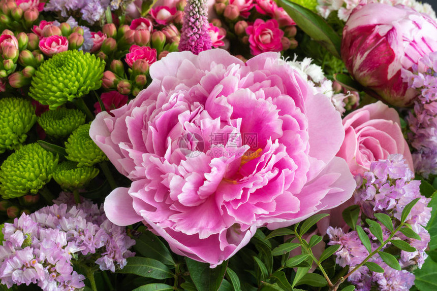 粉红牡丹在一束五颜六色的春花中图片