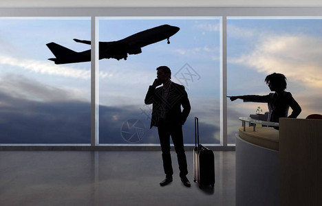 商业乘客在机场柜台与空姐或接待员争吵图片